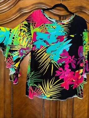 Chacha vente Black Tropical Floral Bell-Sleeve Blouse with Neon Accents